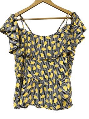 Lily White Lemon Print Ruffle Top XL Striped Off Shoulder Camisole